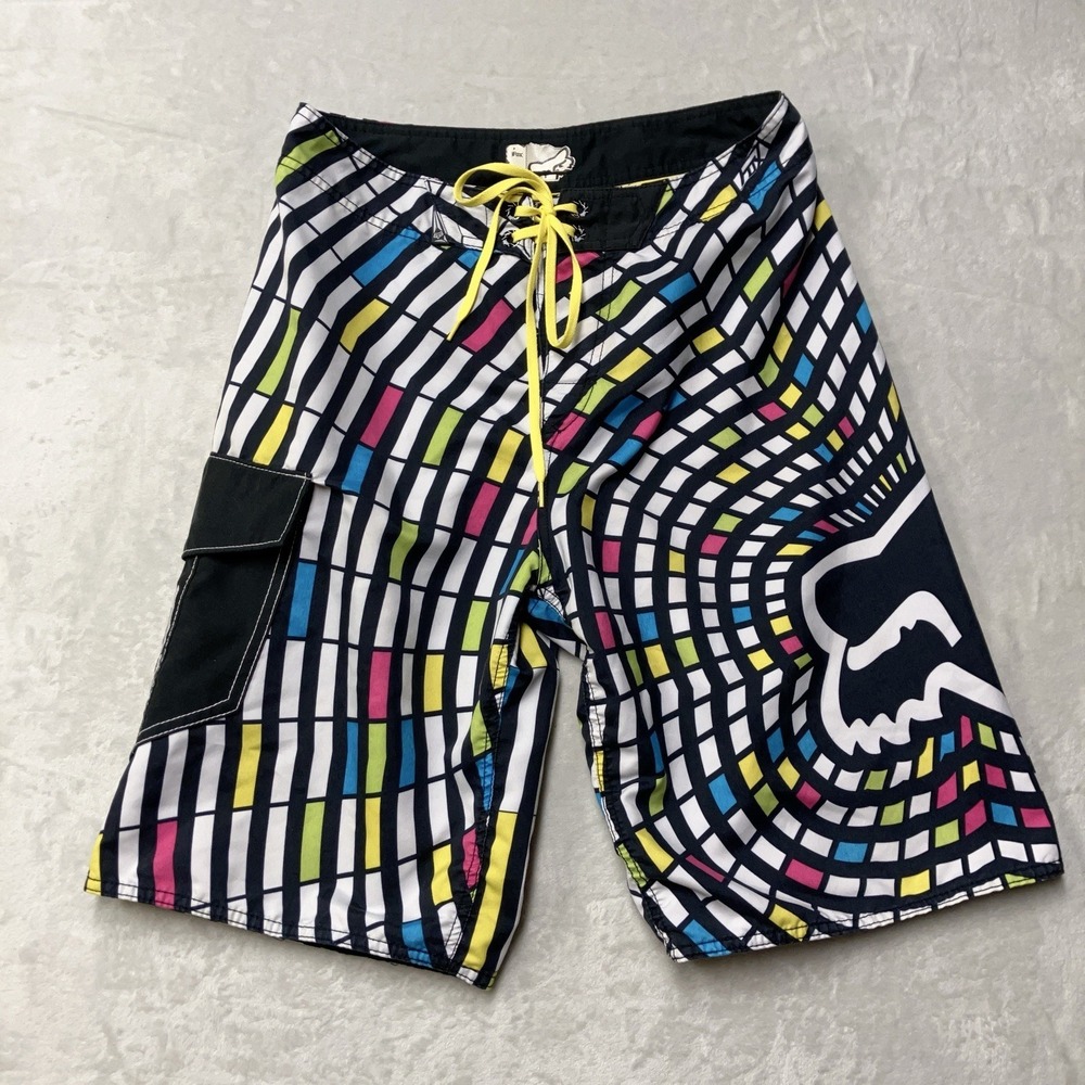 Y2K Fox Racing Board Shorts Mens 32 Fit 31 Colorful Geometric Abstract Big Logo - Picture 2 of 11
